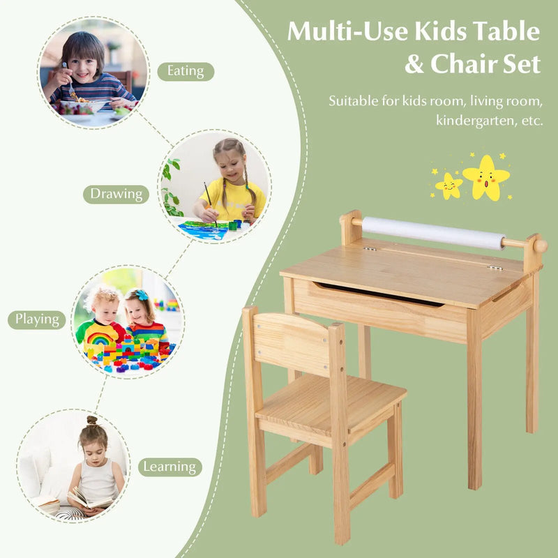 Toddler Multifunctional Activity Table and Chair Set with Paper Roll Holder-Natural by DirectDeals