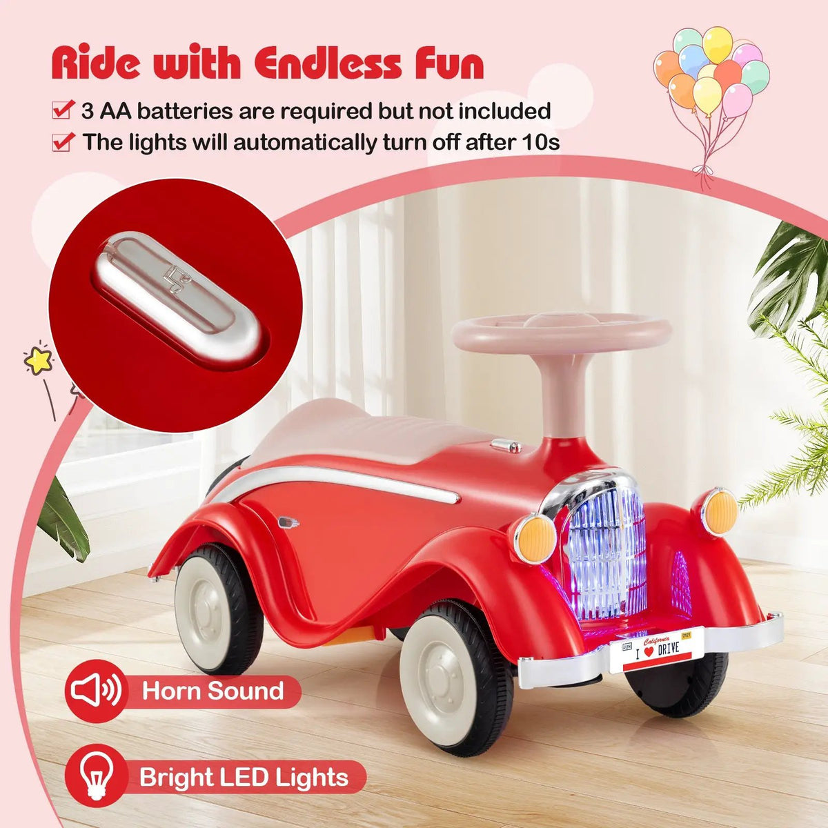Toddler Ride on Toy Classic Sliding Car with Horn and LED Headlight by DirectDeals