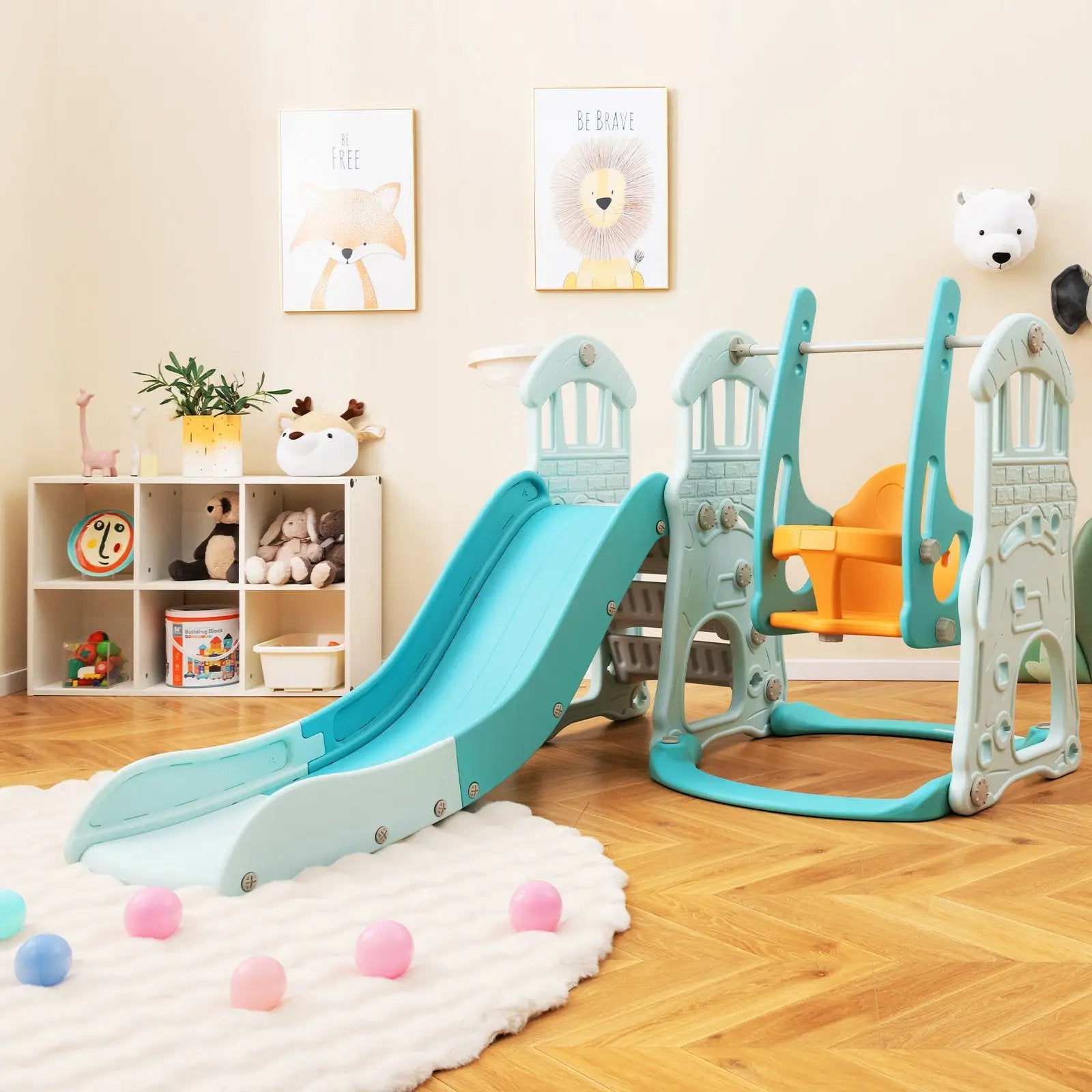 Toddler Slide and Swing Set with Extra-long Slide Height Adjustable Swing Basketball Hoop and Climber by DirectDeals