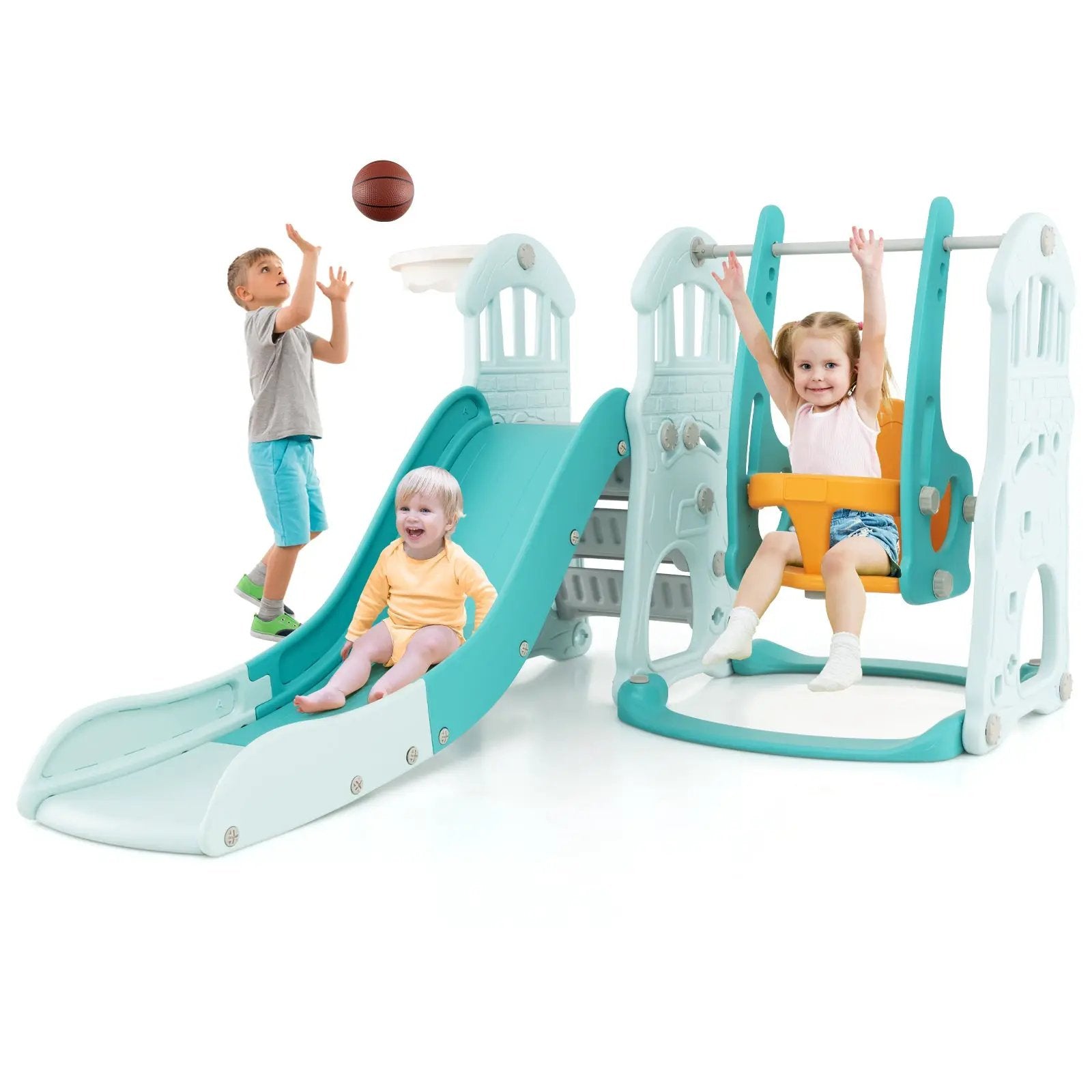 Toddler Slide and Swing Set with Extra-long Slide Height Adjustable Swing Basketball Hoop and Climber by DirectDeals