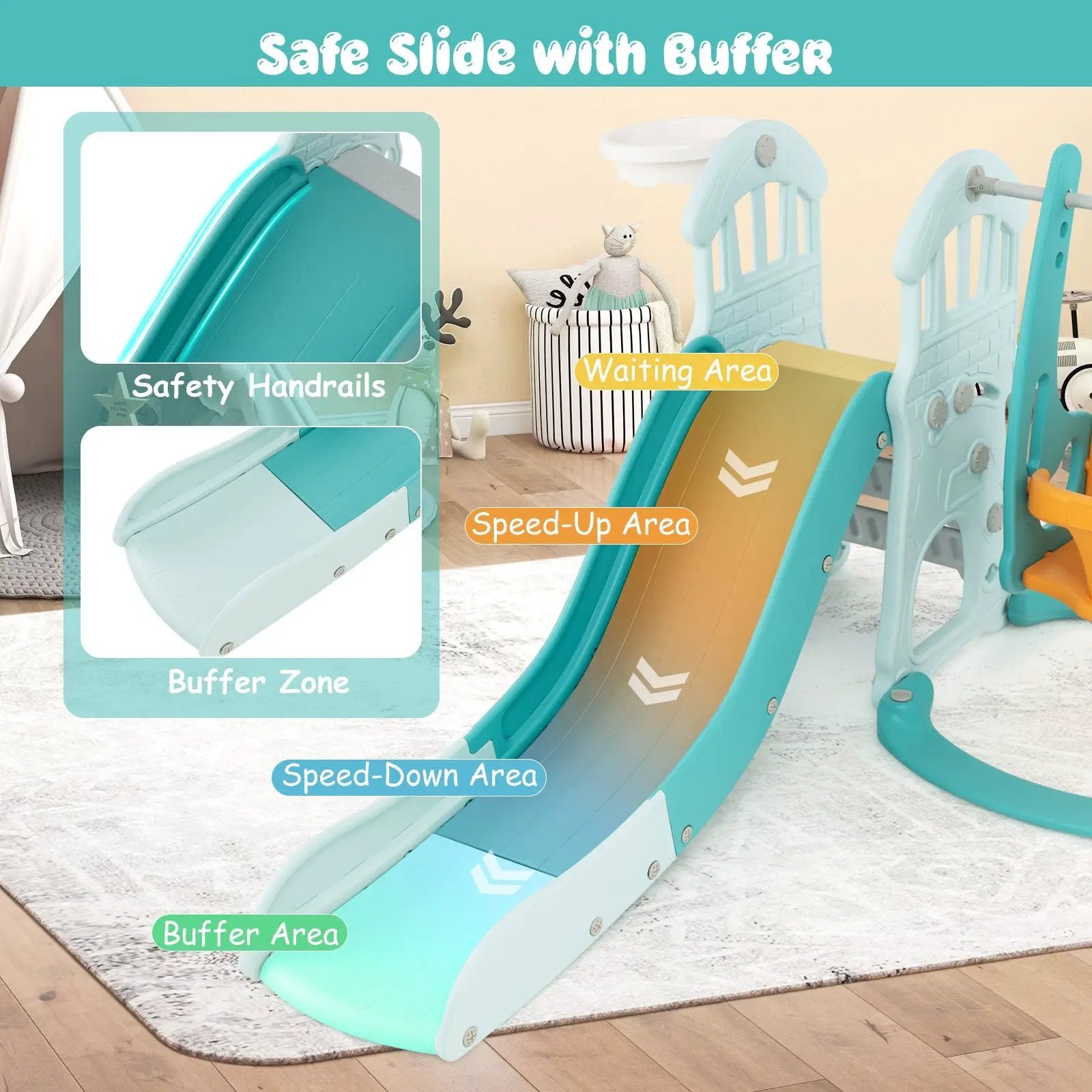 Toddler Slide and Swing Set with Extra-long Slide Height Adjustable Swing Basketball Hoop and Climber by DirectDeals