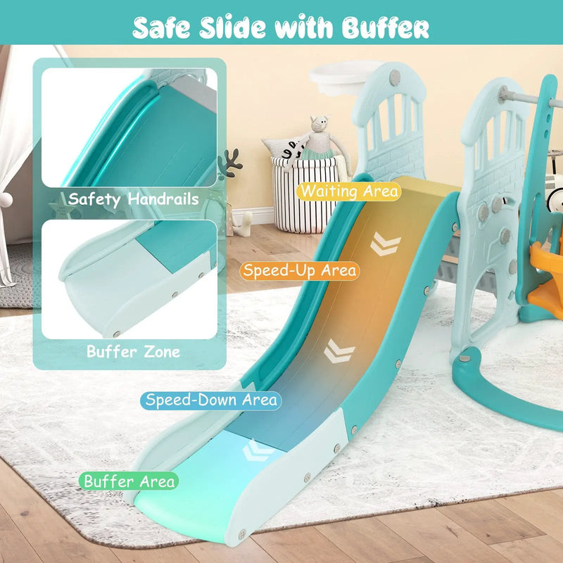 Toddler Slide and Swing Set with Extra-long Slide Height Adjustable Swing Basketball Hoop and Climber by DirectDeals