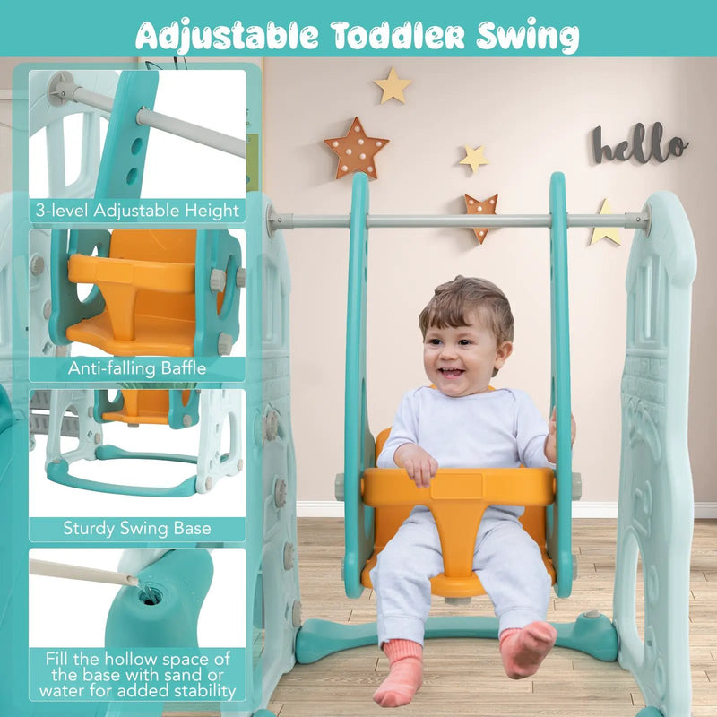 Toddler Slide and Swing Set with Extra-long Slide Height Adjustable Swing Basketball Hoop and Climber by DirectDeals