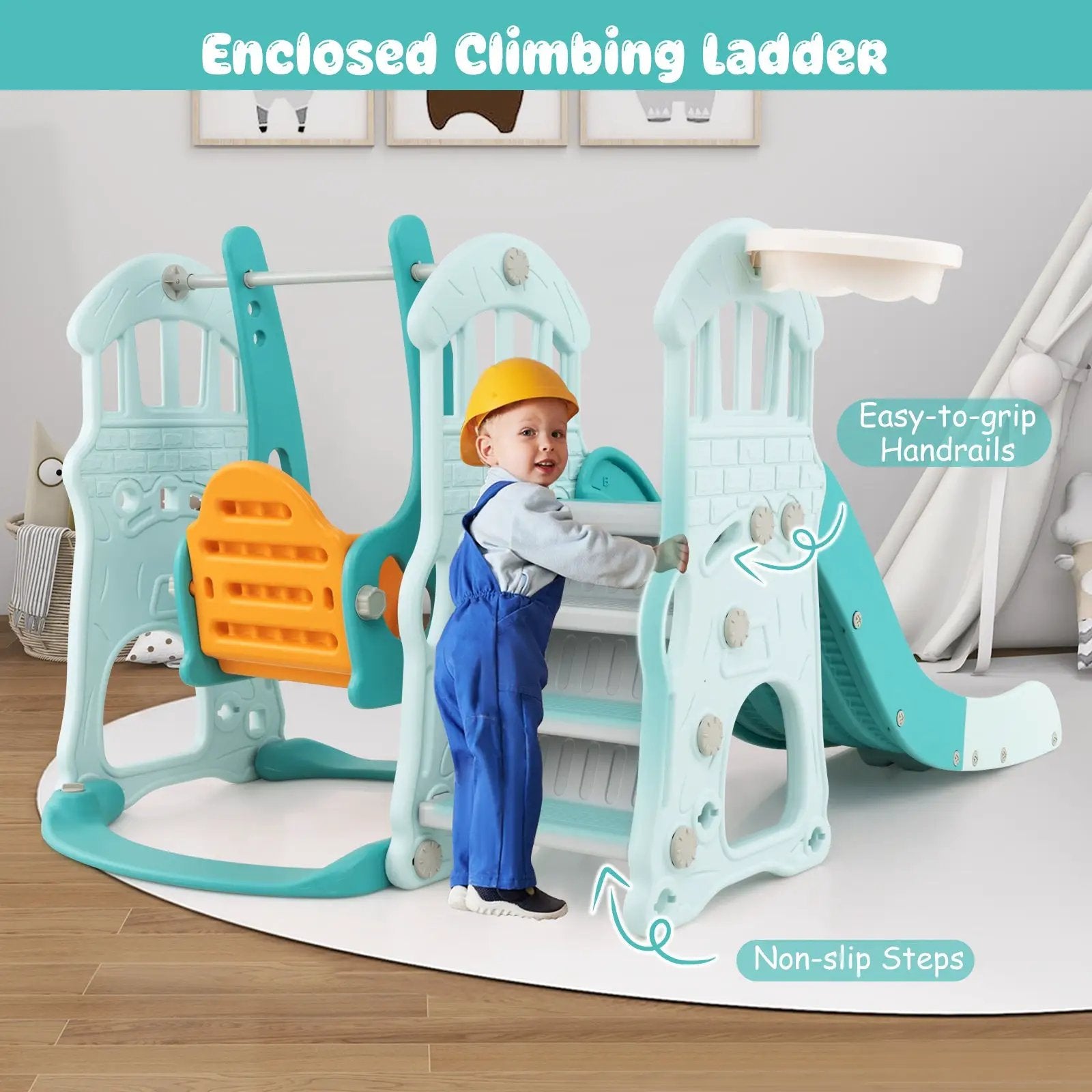 Toddler Slide and Swing Set with Extra-long Slide Height Adjustable Swing Basketball Hoop and Climber by DirectDeals