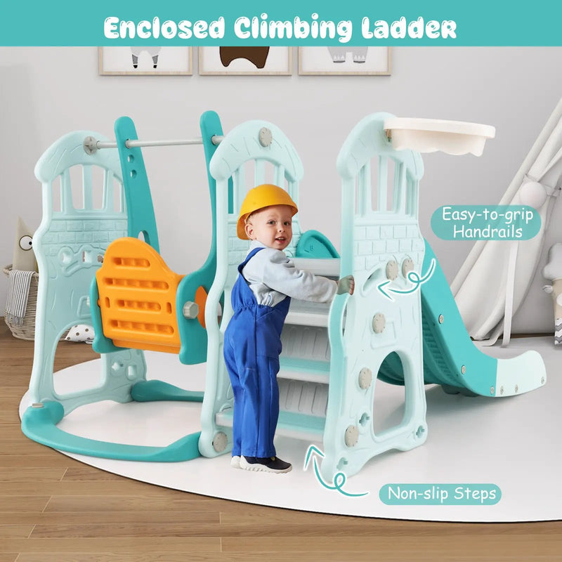Toddler Slide and Swing Set with Extra-long Slide Height Adjustable Swing Basketball Hoop and Climber by DirectDeals