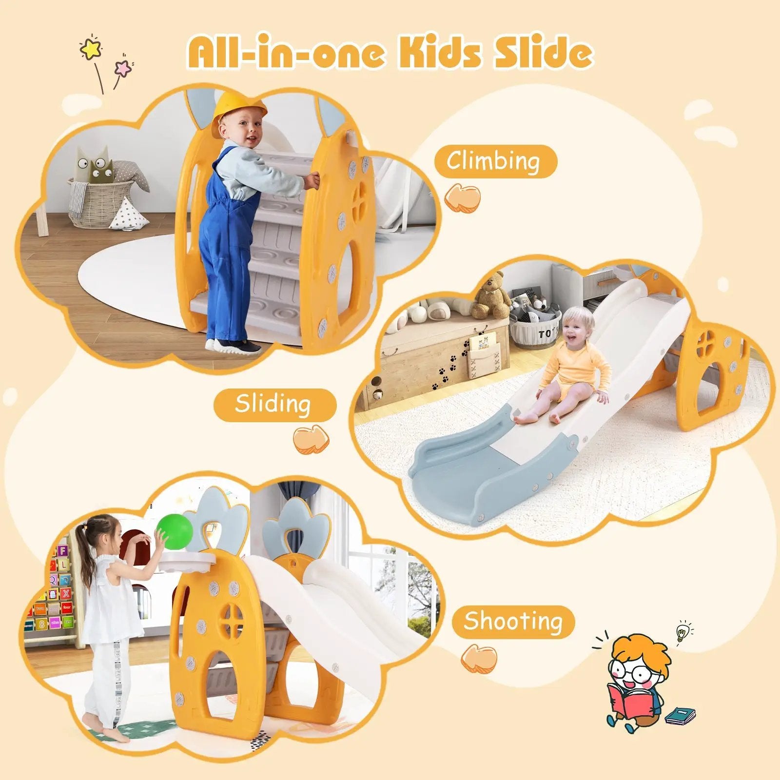 Foldable Slide with Basketball Hoop and Buffer Zone for Kids Aged 3+ Years Old by DirectDeals