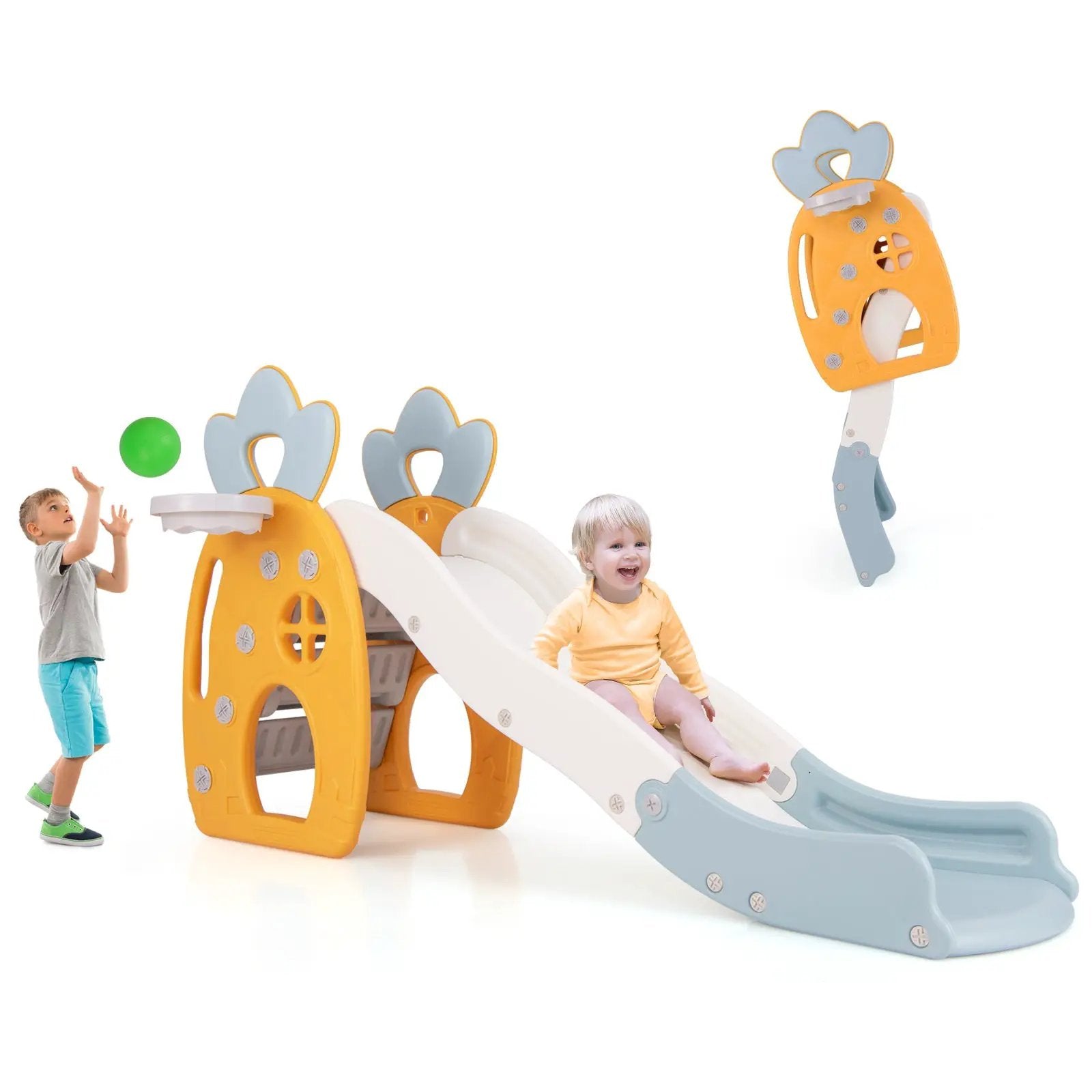 Foldable Slide with Basketball Hoop and Buffer Zone for Kids Aged 3+ Years Old by DirectDeals