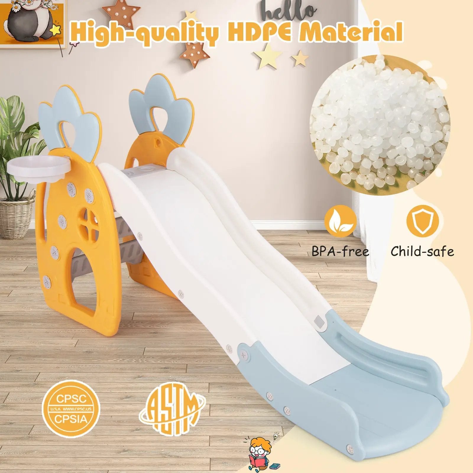 Foldable Slide with Basketball Hoop and Buffer Zone for Kids Aged 3+ Years Old by DirectDeals