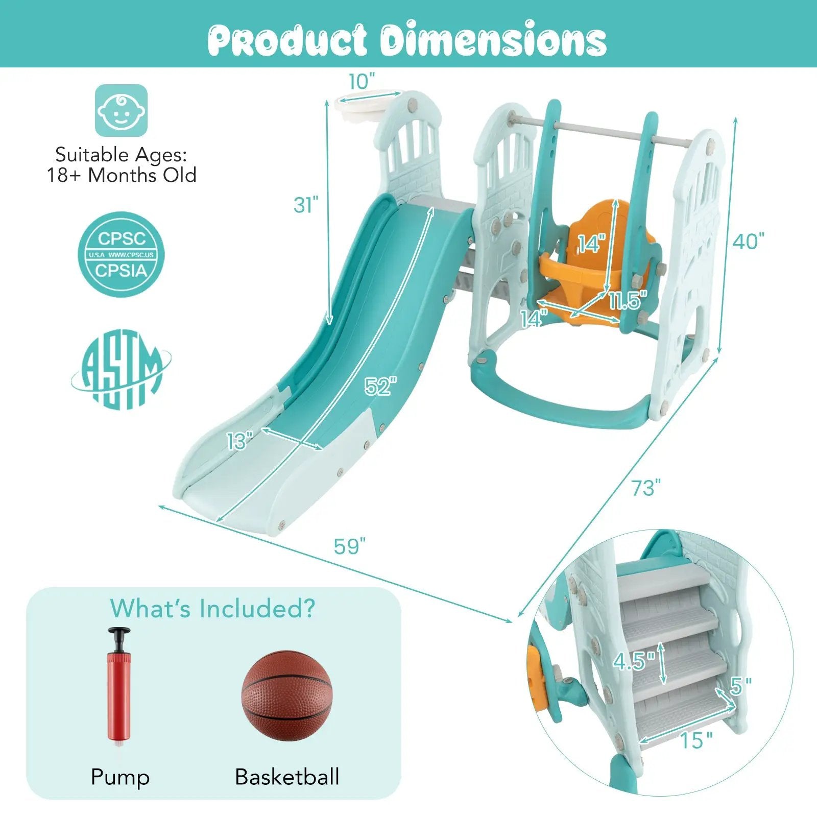 Toddler Slide and Swing Set with Extra-long Slide Height Adjustable Swing Basketball Hoop and Climber by DirectDeals