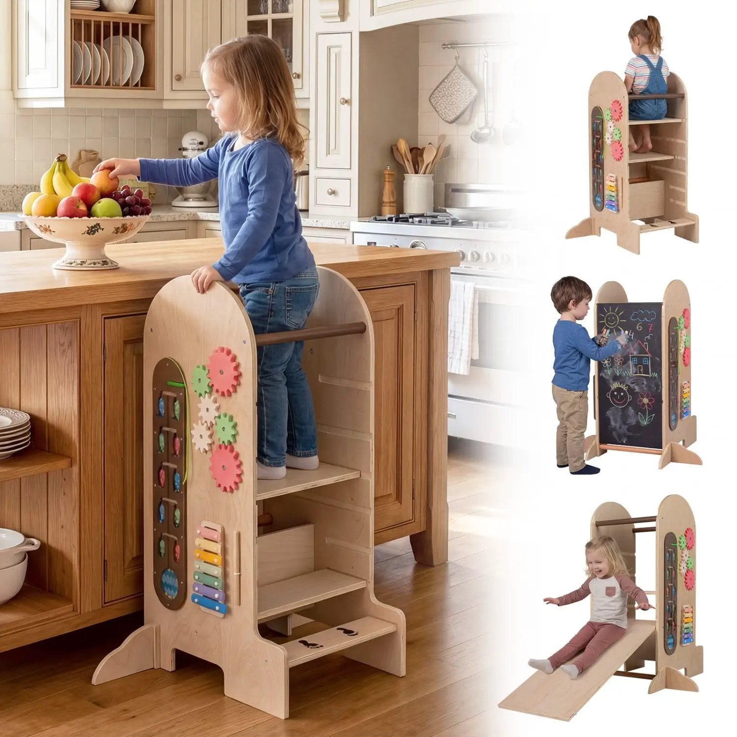 Toddler Standing Tower Kids Step Stool with Adjustable Height Chalkboard and Slide by DirectDeals