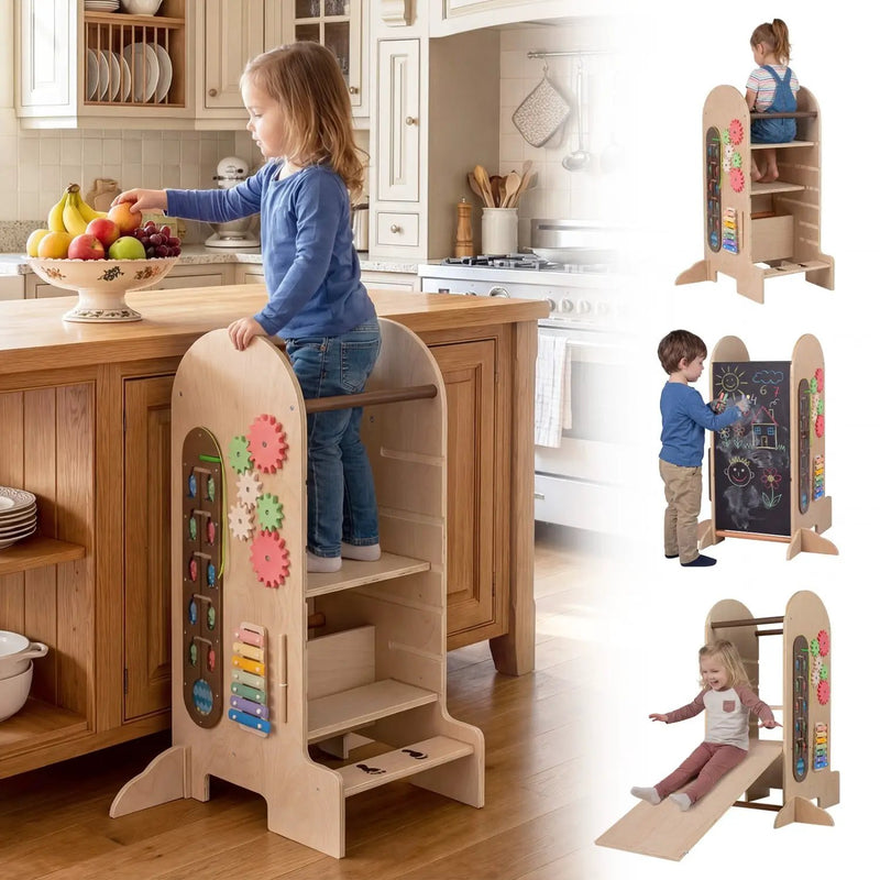 Toddler Standing Tower Kids Step Stool with Adjustable Height Chalkboard and Slide by DirectDeals