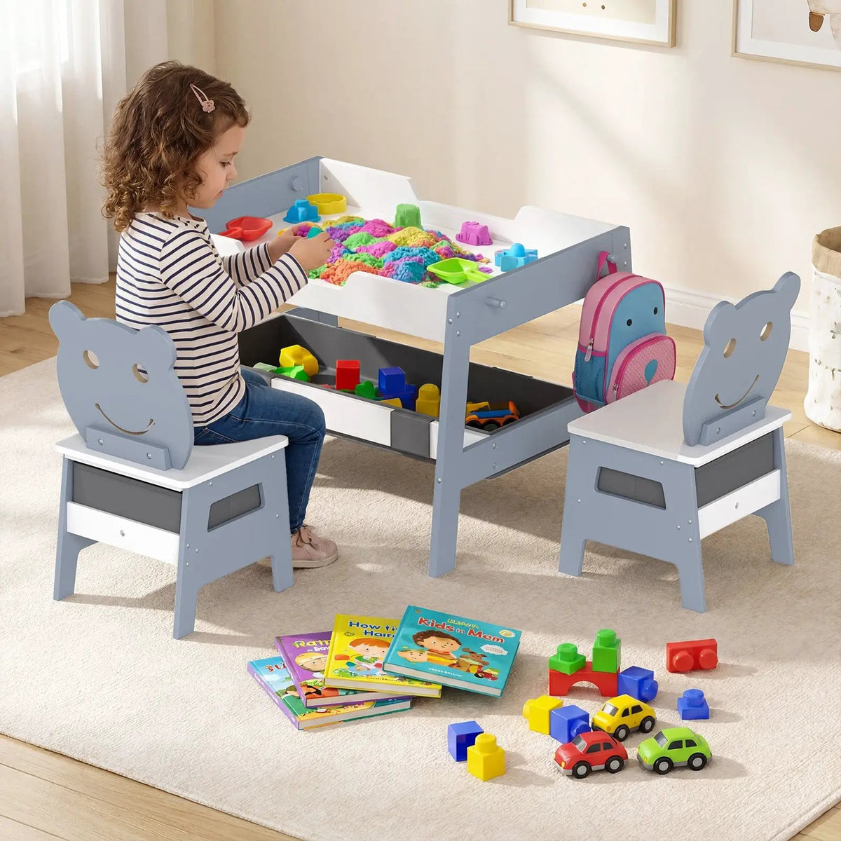 Toddler Table and 2 Chairs 5-in-1 Cute Art Desk Set with Reversible Chalkboard Whiteboard by DirectDeals