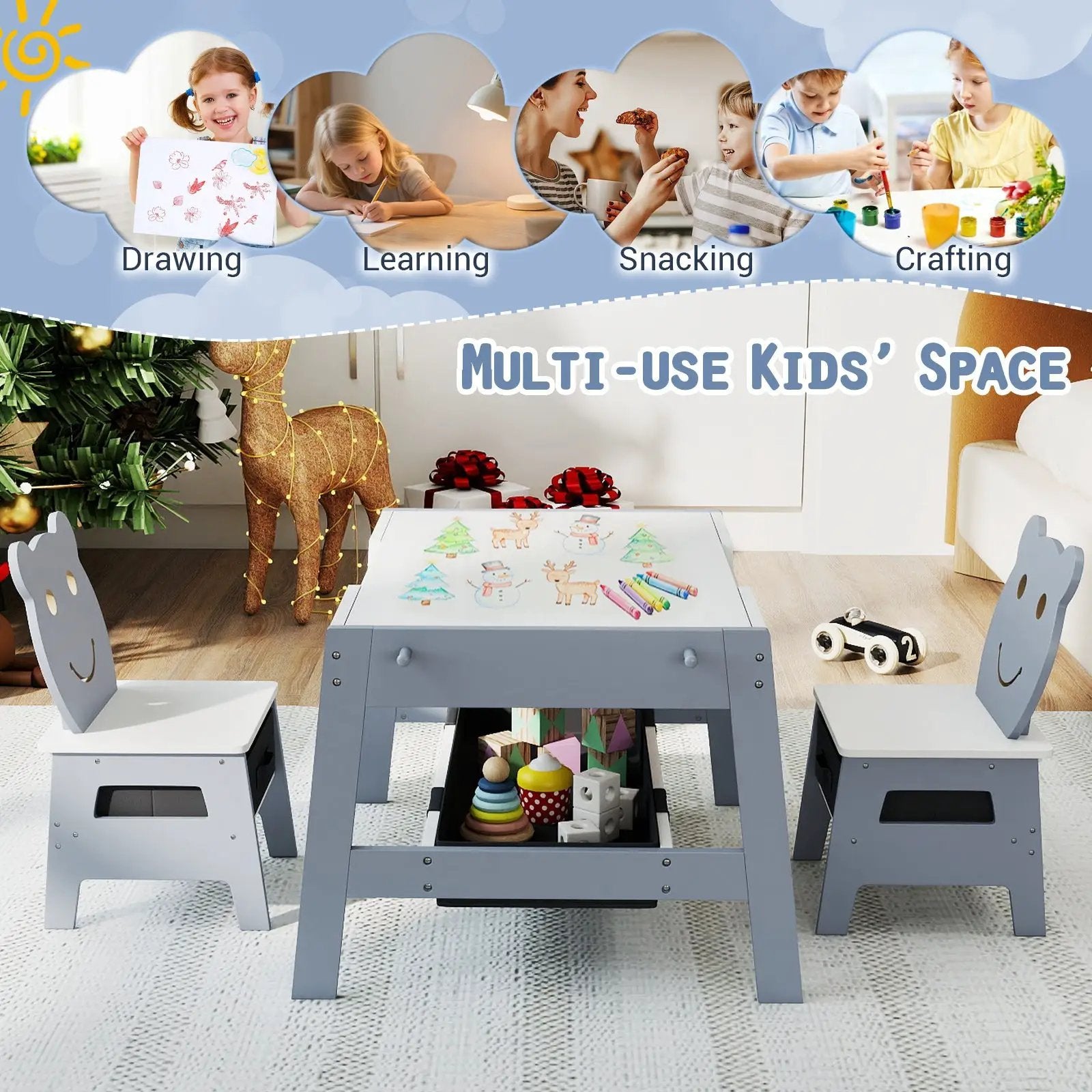 Toddler Table and 2 Chairs 5-in-1 Cute Art Desk Set with Reversible Chalkboard Whiteboard by DirectDeals