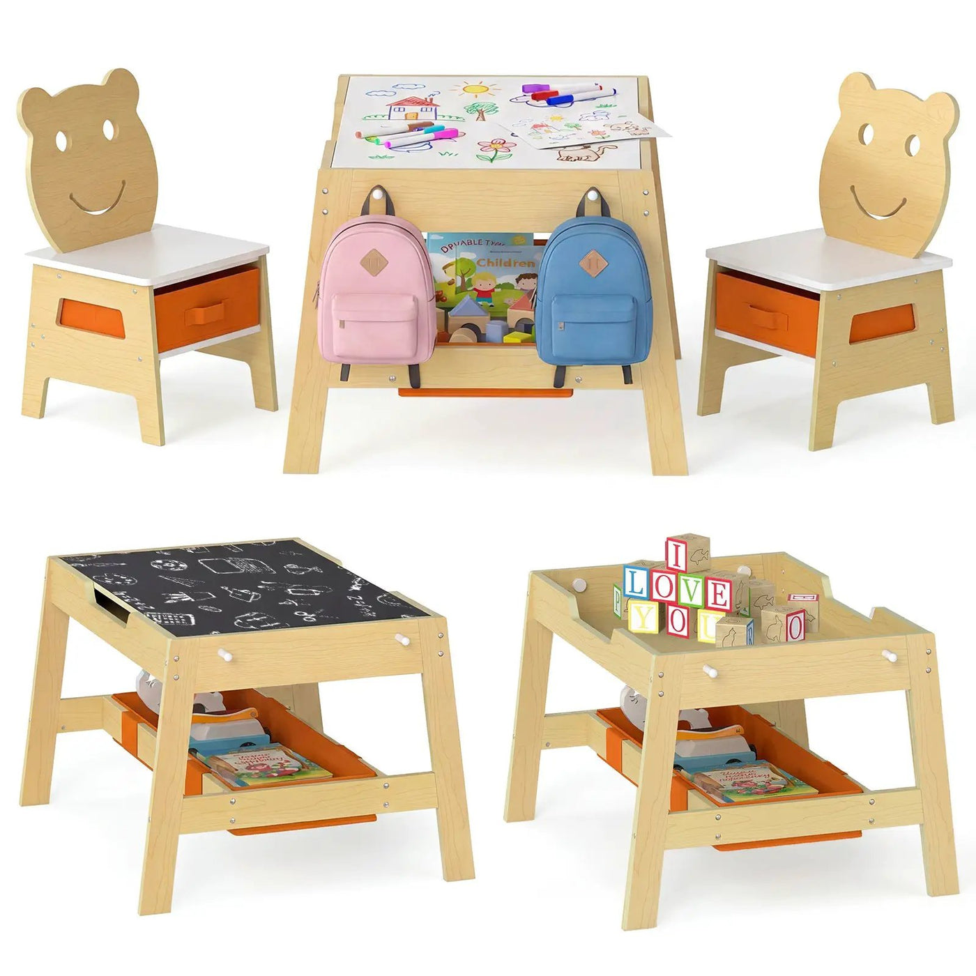 Toddler Table and 2 Chairs 5-in-1 Cute Art Desk Set with Reversible Chalkboard Whiteboard by DirectDeals