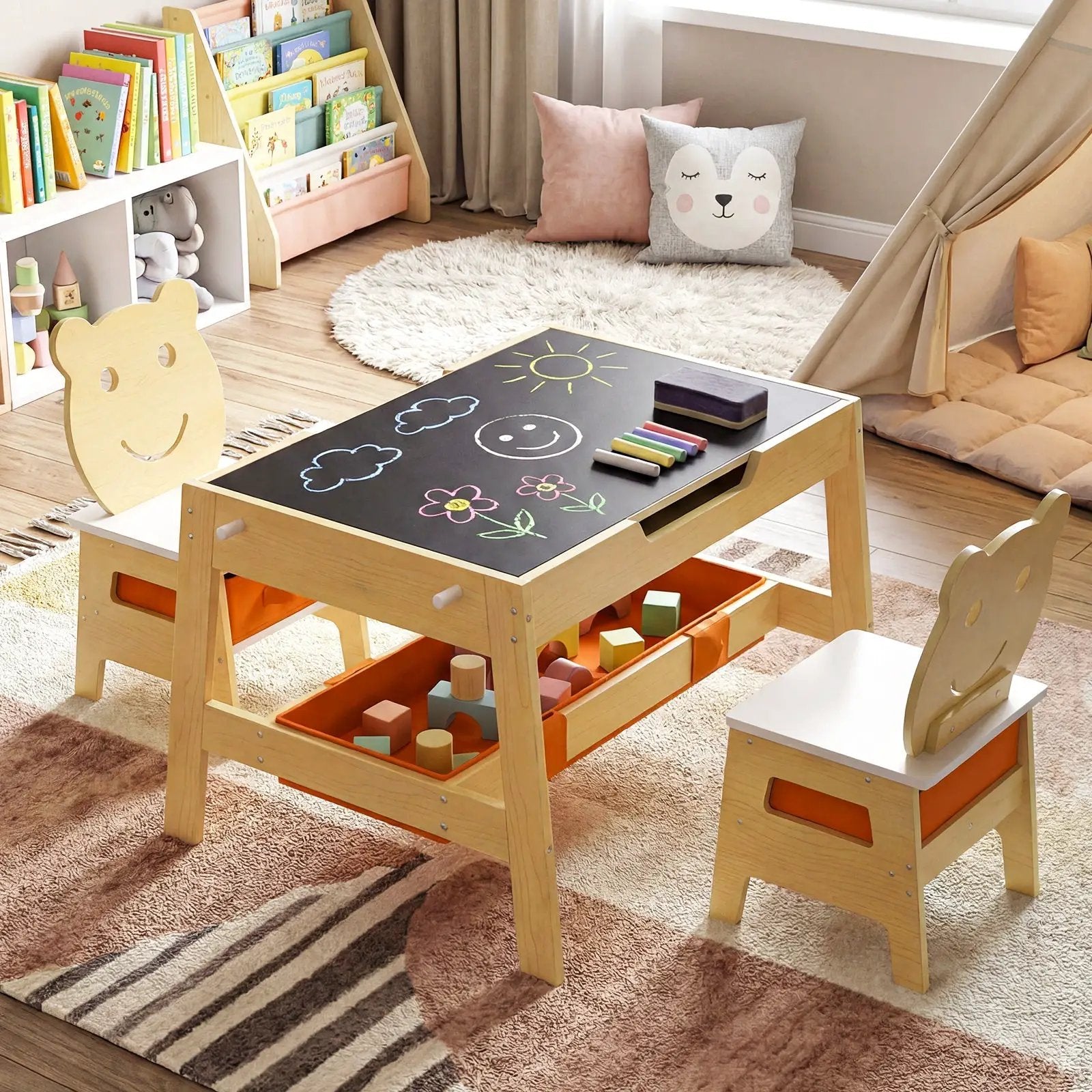 Toddler Table and 2 Chairs 5-in-1 Cute Art Desk Set with Reversible Chalkboard Whiteboard by DirectDeals