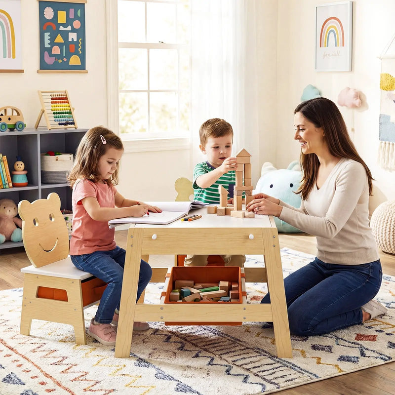 Toddler Table and 2 Chairs 5-in-1 Cute Art Desk Set with Reversible Chalkboard Whiteboard by DirectDeals