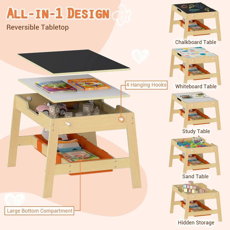 Toddler Table and 2 Chairs 5-in-1 Cute Art Desk Set with Reversible Chalkboard Whiteboard by DirectDeals