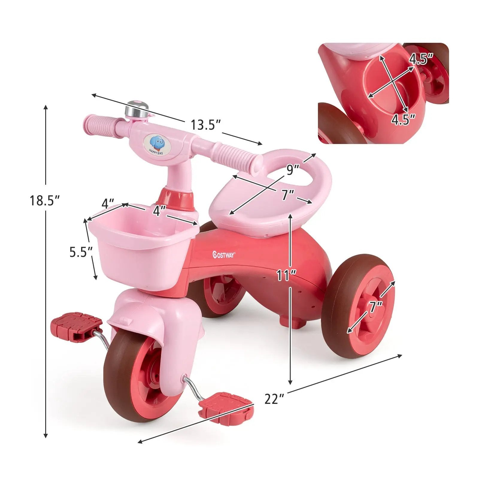 Toddler Tricycle with Limited Steering with Front Baskets and Bell by DirectDeals
