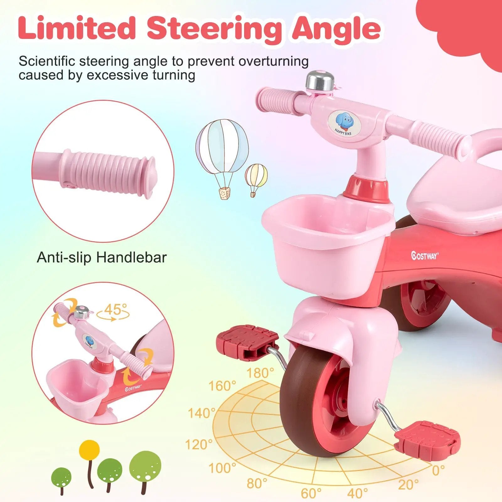 Toddler Tricycle with Limited Steering with Front Baskets and Bell by DirectDeals