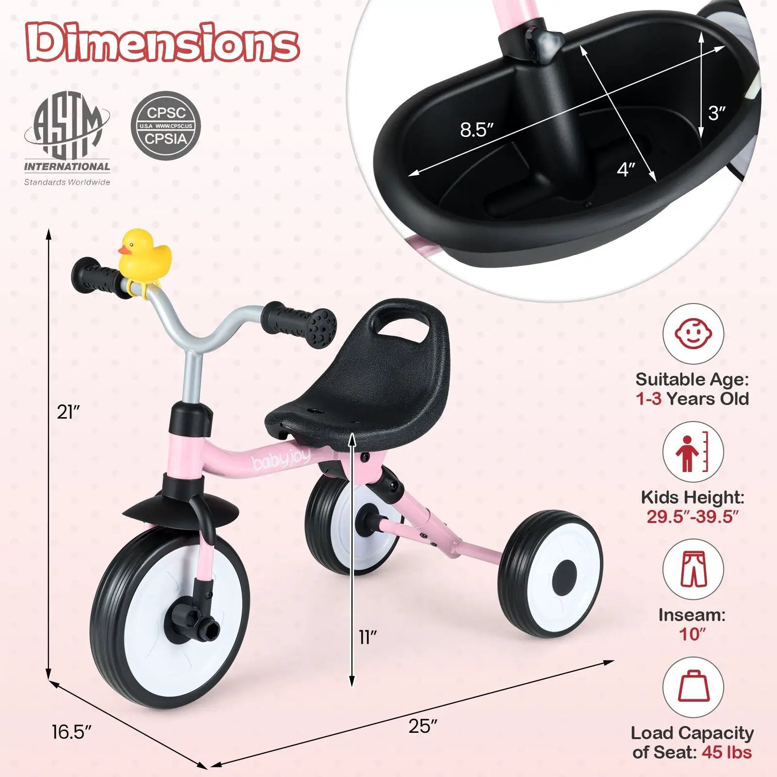 Toddler Tricycle with 3-Position Seat and Storage Basket for Kids by DirectDeals