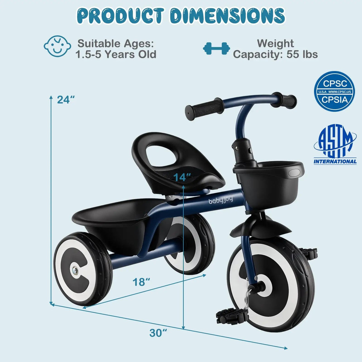 Toddler Tricycle with Adjustable Seat and Storage Baskets for 1.5-5 Years Old by DirectDeals