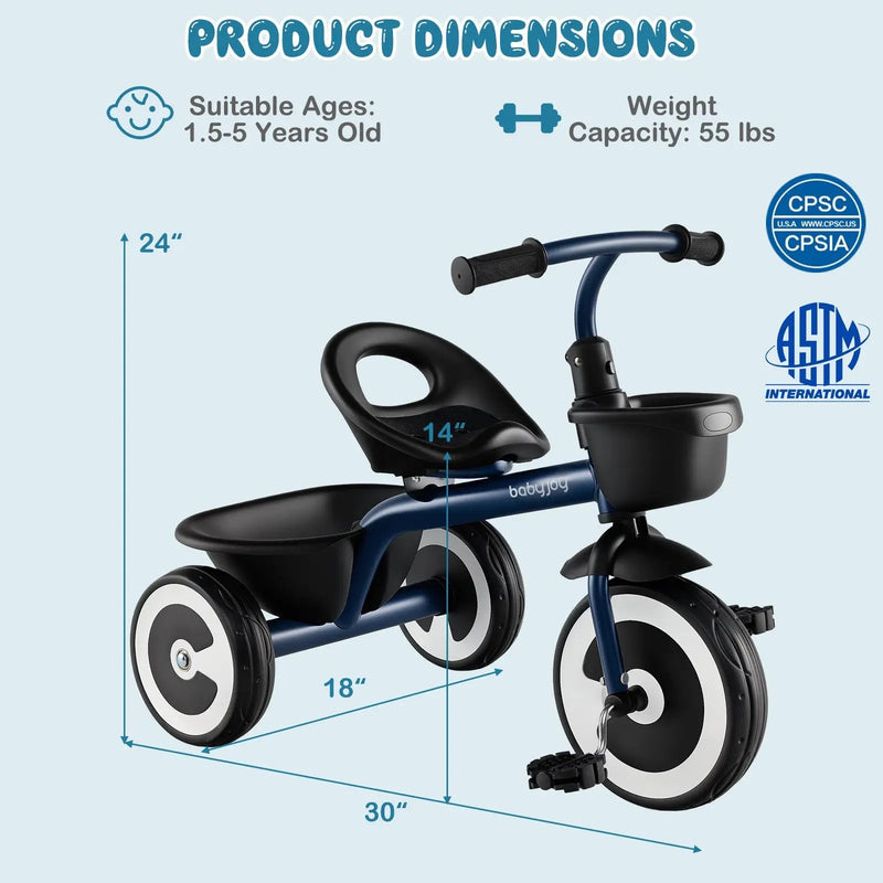 Toddler Tricycle with Adjustable Seat and Storage Baskets for 1.5-5 Years Old by DirectDeals