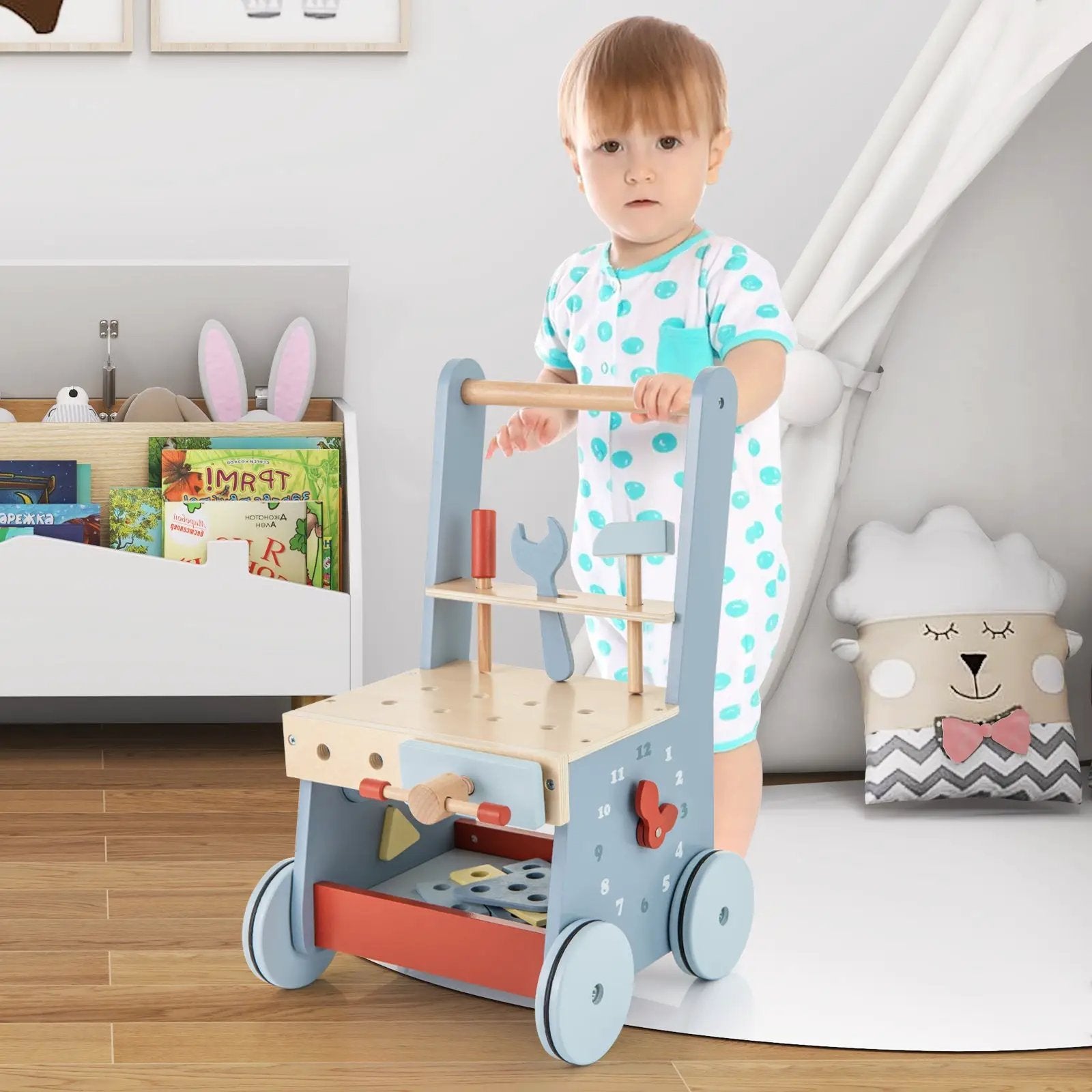 2-in-1 Toddler Wooden Baby Push Walker with Multi-Activity Center by DirectDeals
