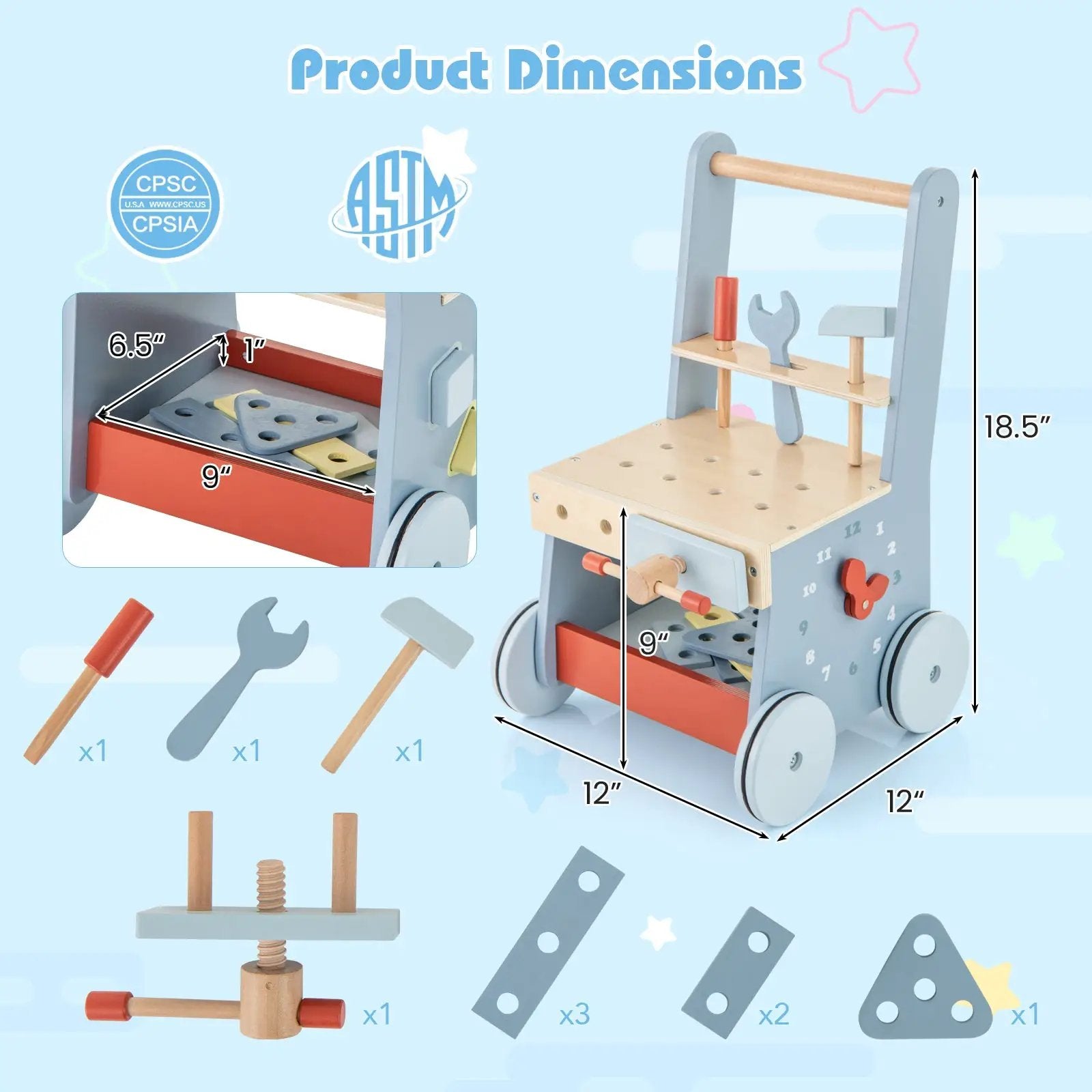 2-in-1 Toddler Wooden Baby Push Walker with Multi-Activity Center by DirectDeals