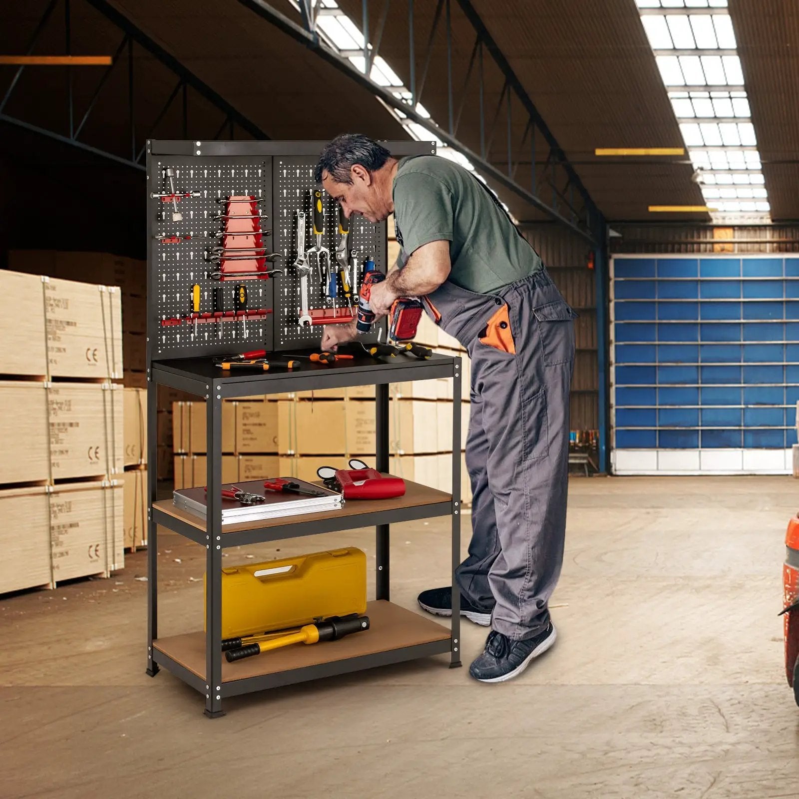 Tool Storage Workbench with Peg Board 2 Lower Shelves 14 Hanging Accessories-Black by DirectDeals