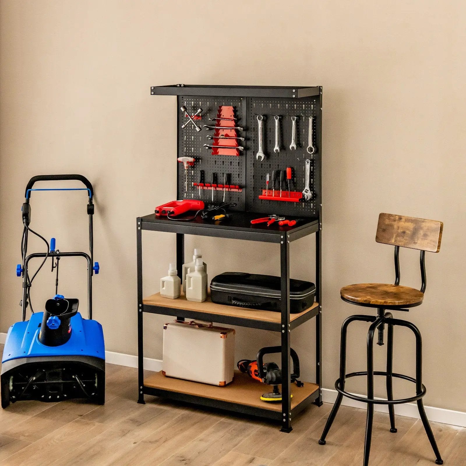 Tool Storage Workbench with Peg Board 2 Lower Shelves 14 Hanging Accessories-Black by DirectDeals