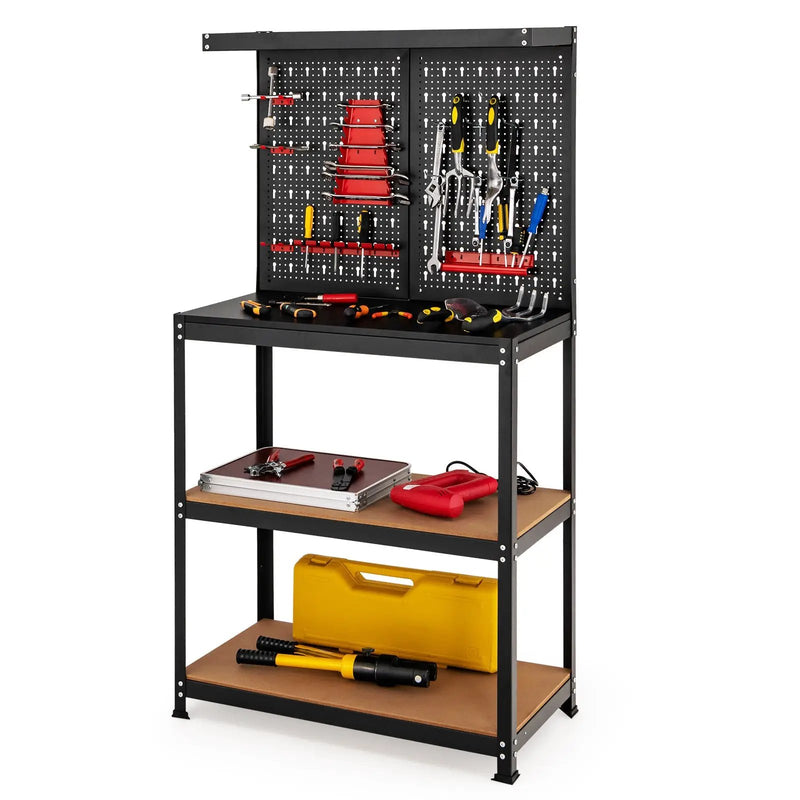 Tool Storage Workbench with Peg Board 2 Lower Shelves 14 Hanging Accessories-Black by DirectDeals
