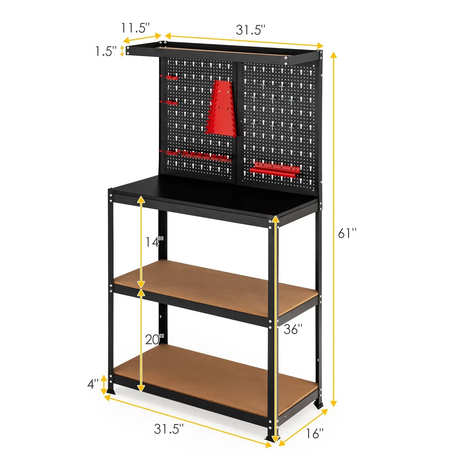 Tool Storage Workbench with Peg Board 2 Lower Shelves 14 Hanging Accessories-Black by DirectDeals