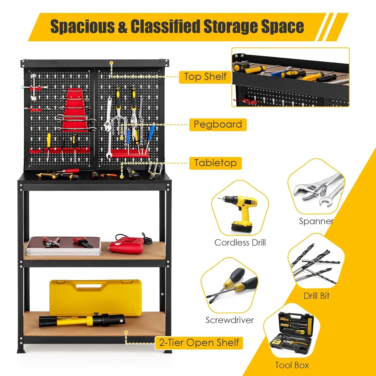Tool Storage Workbench with Peg Board 2 Lower Shelves 14 Hanging Accessories-Black by DirectDeals