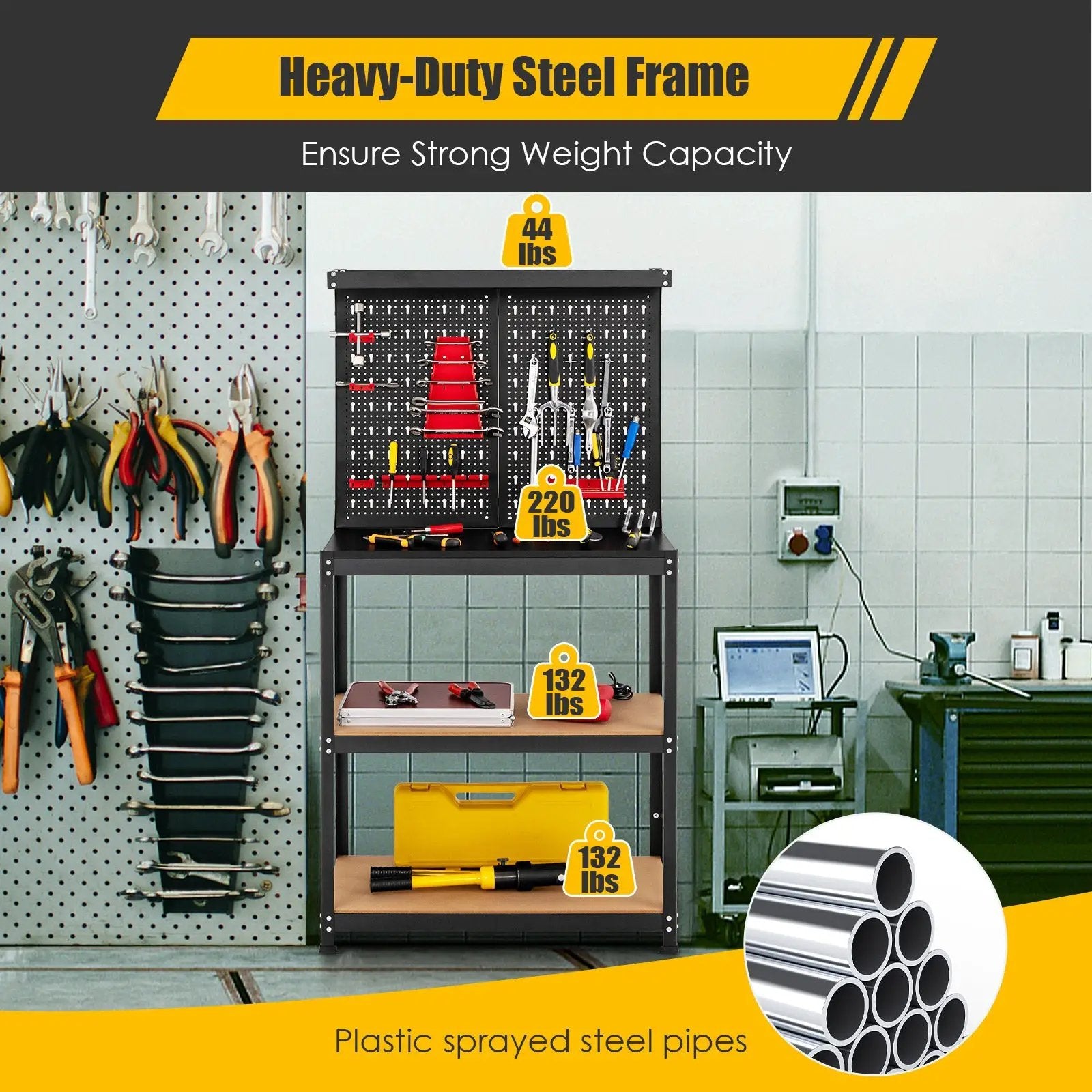 Tool Storage Workbench with Peg Board 2 Lower Shelves 14 Hanging Accessories-Black by DirectDeals
