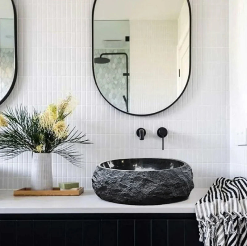 Toros Black Rustic Marble Above Vanity Bathroom Oval Sink (W)14" (L)17" (H)6" by GobekDesign