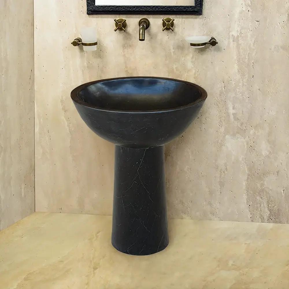 Black Marble Natural Stone Pedestal Oval Sink - Polished 17x20 by GobekDesign