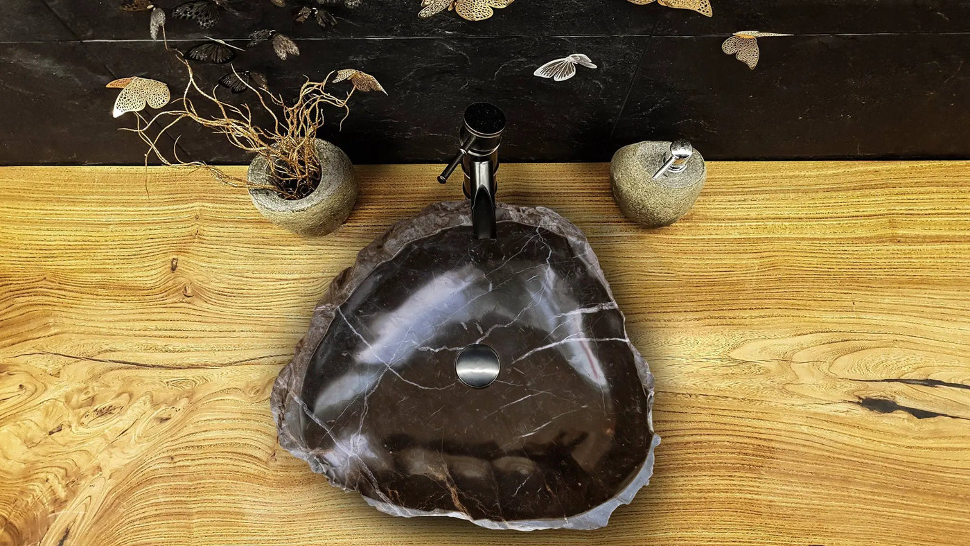 Black Turkish Marble Natural Stone Handcrafted Vessel Sink 17x17x5 by GobekDesign