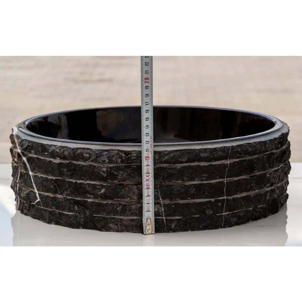 Black Marble Handcrafted Vessel Sink Bowl Polished Interior Combed Exterior 16x5 by GobekDesign
