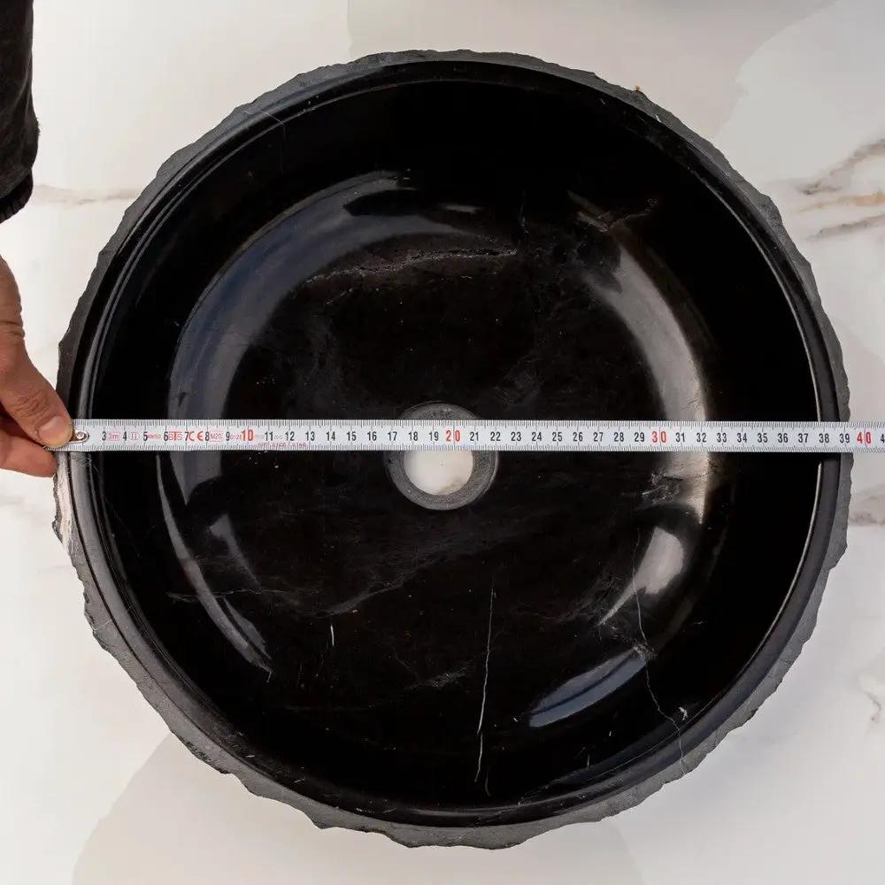 Black Marble Handcrafted Vessel Sink Bowl Polished Interior Combed Exterior 16x5 by GobekDesign