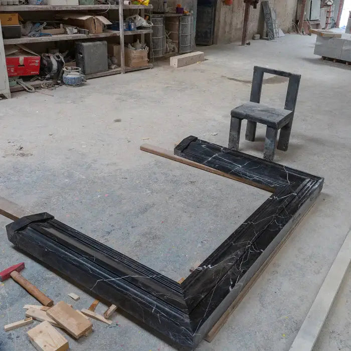 Black Marble Fireplace Mantel Hand Carved with White Veining - Polished 49 x 69 Inch by GobekDesign