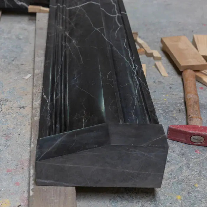 Black Marble Fireplace Mantel Hand Carved with White Veining - Polished 49 x 69 Inch by GobekDesign
