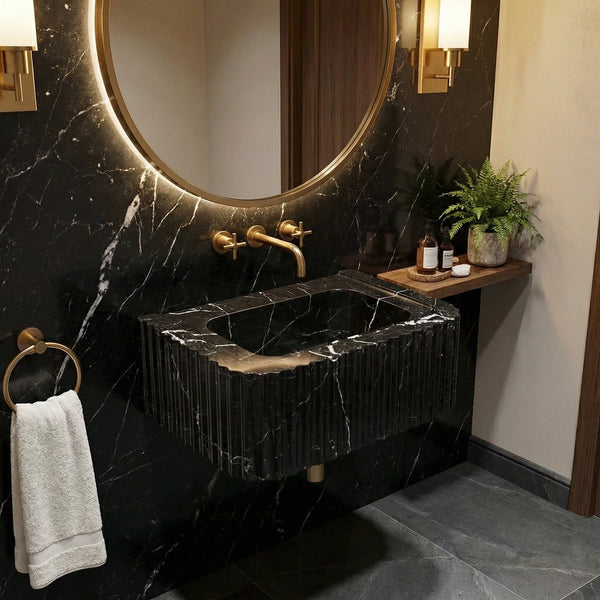 Black Marble Handcrafted Rectangular Sink - Wall-Mount Polished 12x19x7