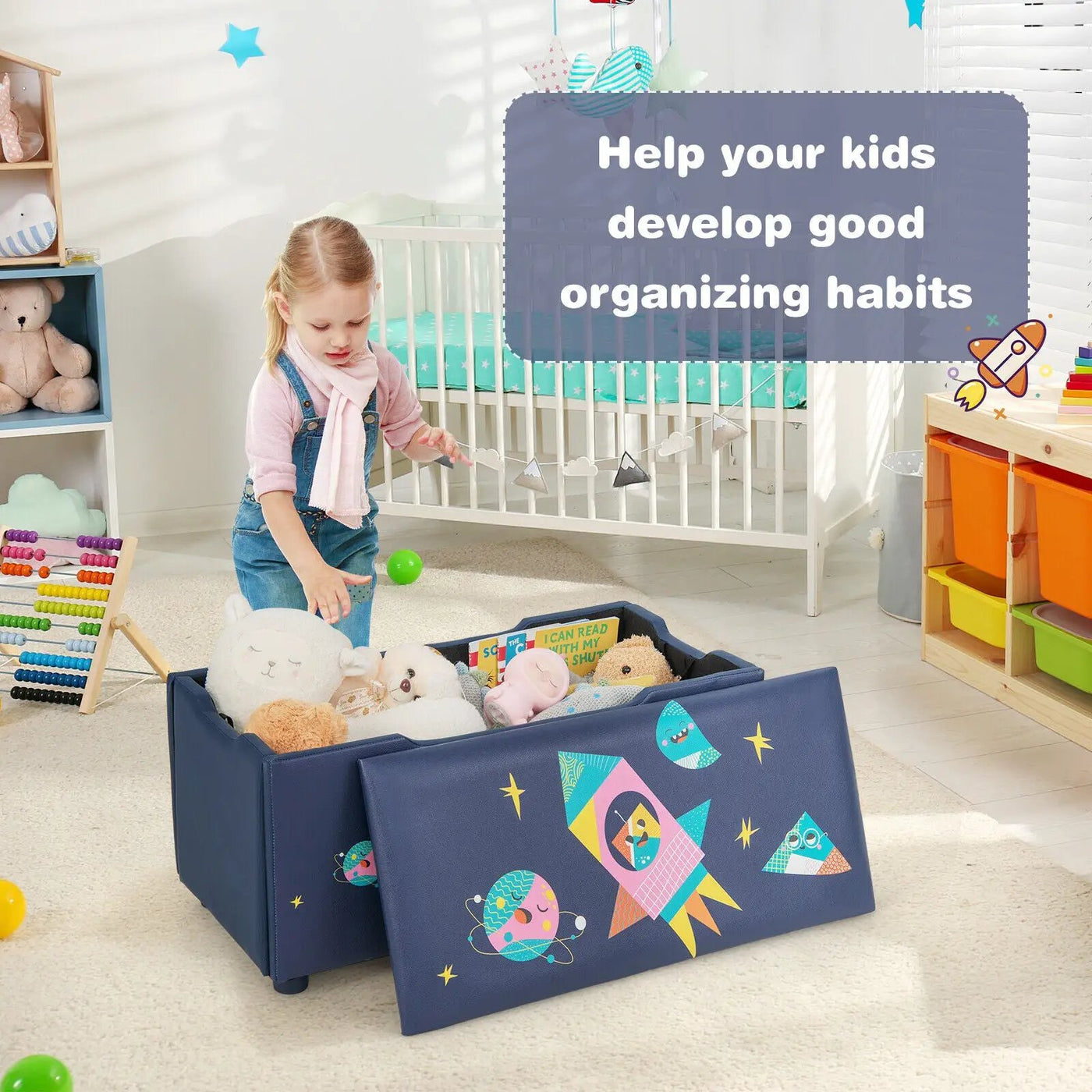 Kids Wooden Upholstered Toy Storage Box with Removable Lid-Navy by DirectDeals