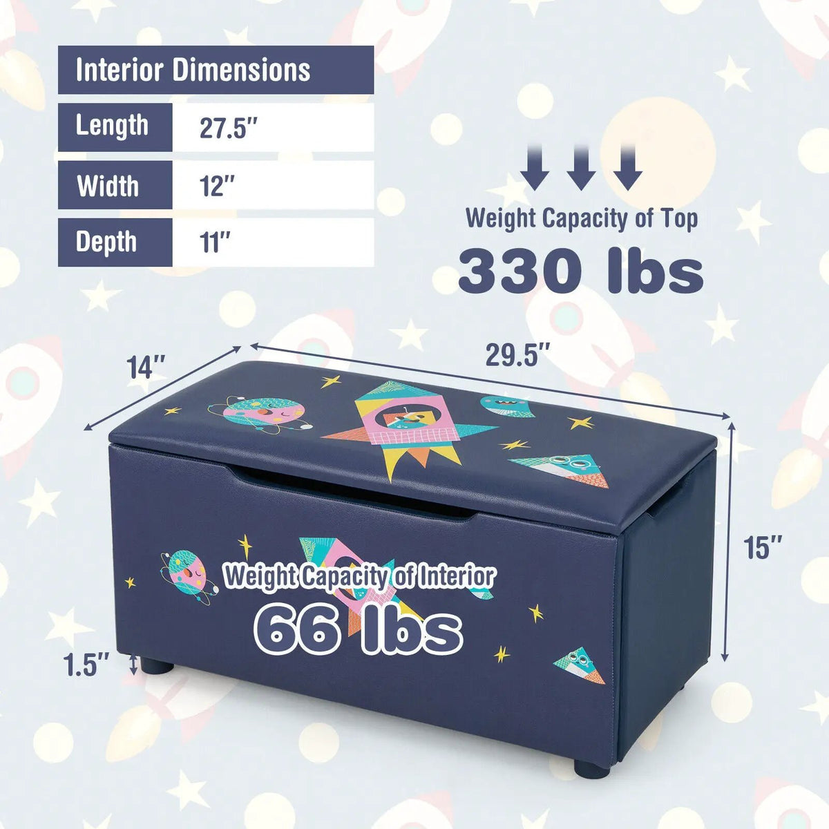 Kids Wooden Upholstered Toy Storage Box with Removable Lid-Navy by DirectDeals