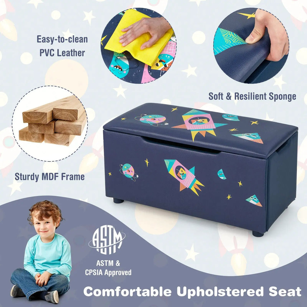 Kids Wooden Upholstered Toy Storage Box with Removable Lid-Navy by DirectDeals