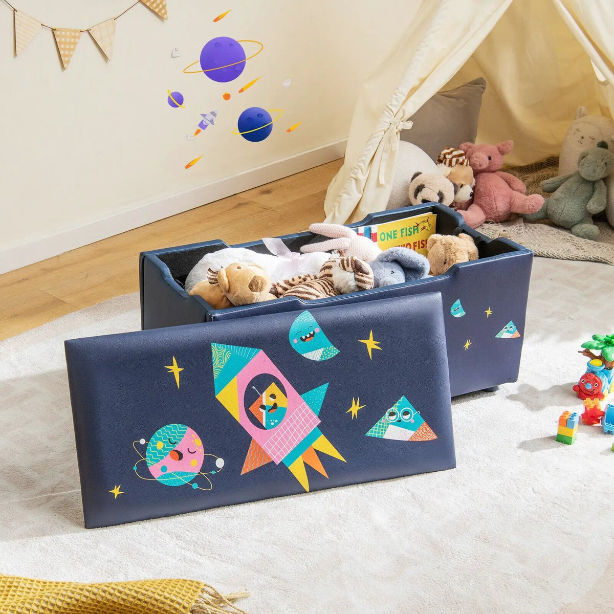 Kids Wooden Upholstered Toy Storage Box with Removable Lid-Navy by DirectDeals