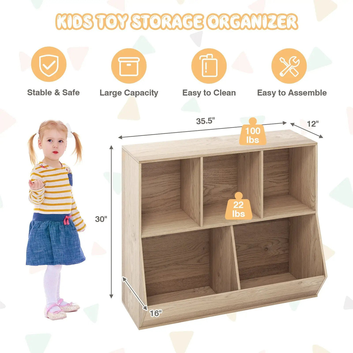 5-Cube Wooden Kids Toy Storage Organizer with Anti-Tipping Kits by DirectDeals