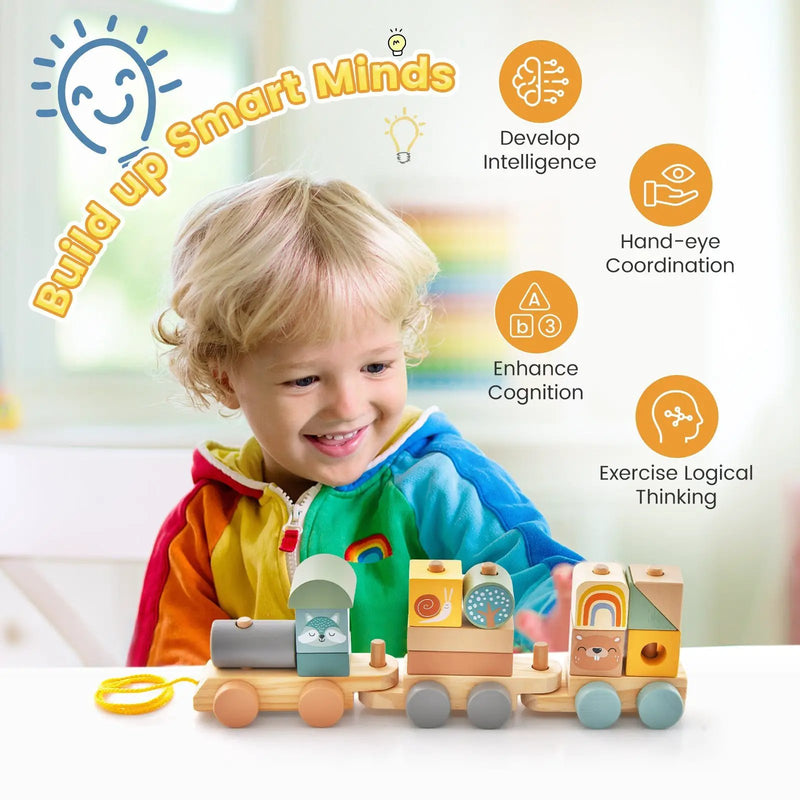 Wooden Toy Train Set with Stacking Wooden Blocks and Cute Animal Patterns by DirectDeals