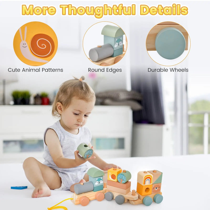 Wooden Toy Train Set with Stacking Wooden Blocks and Cute Animal Patterns by DirectDeals