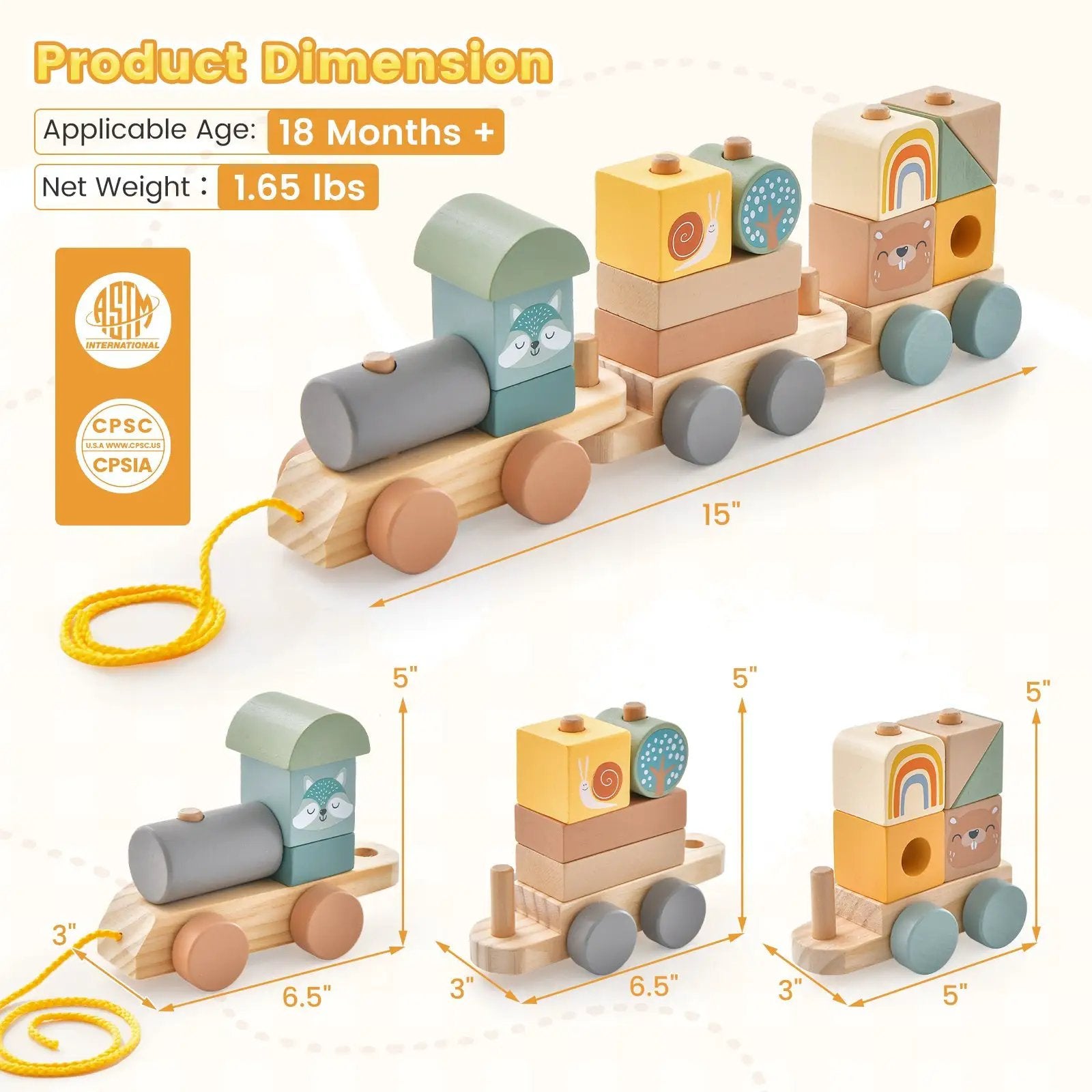 Wooden Toy Train Set with Stacking Wooden Blocks and Cute Animal Patterns by DirectDeals